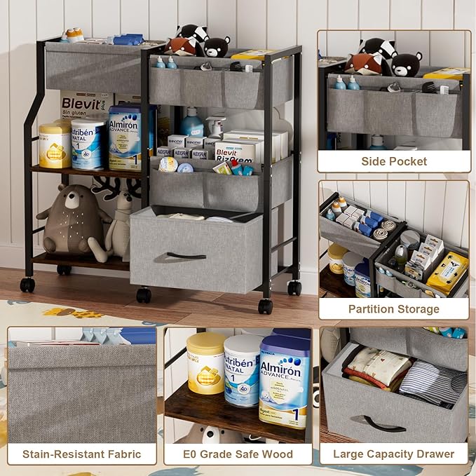 Baby Diaper Caddy Organizer and Storage, 3 Tier Rolling Cart with Dividers and Drawers, Mobile Utility Cart with Wheels for Nursery, Bedroom, Baby Newborn Essentials Storage Cart, Black