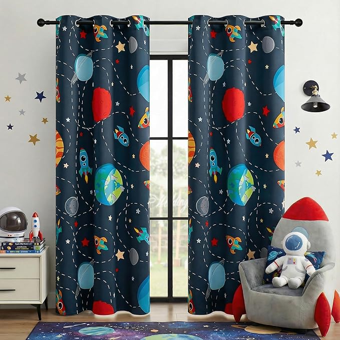 Kids Space Themed Blackout Curtains - 100% Blackout, Perfect for Bedroom and Nursery with Vibrant Cosmos Patterns, Noise Reduction, Thermal Insulated, 2 Panels (Space, W42×L96)