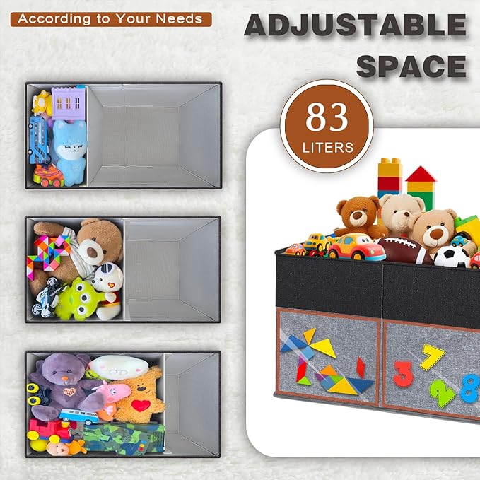 1 Pack Large Toy Storage Box with Clear Lids Collapsible Toy Organizer Chest with Adjustable Dividers Kids Storage Bin Basket for Boys Girls Living Room Nursery Playroom Closet Black and Grey