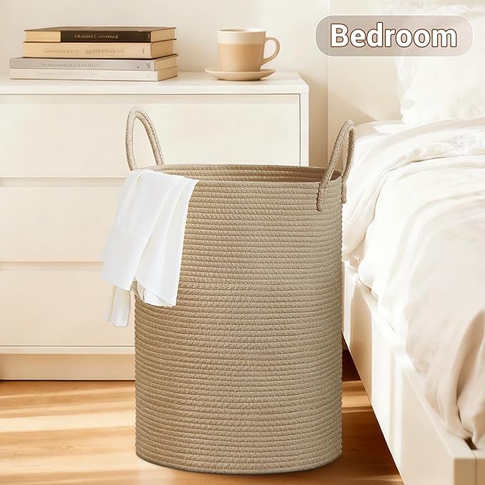 Tall Laundry Basket with Handles, 72L Portable Dirty Clothes Hamper, Boho Cotton Rope Storage Bin for Blankets Kids Toys Gifts, Decorative Organizer for Baby Nursery Bedroom Bathroom, Jute