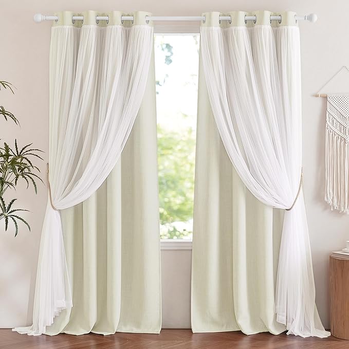 NICETOWN Linen Semi Sheer Curtains for Bedroom, Double Layer Curtains Light Filtering Elegant Grommet Top Curtains & Drapes for Living Room, 52 x 84 Inch Length, Set of 2 Panels, Natural