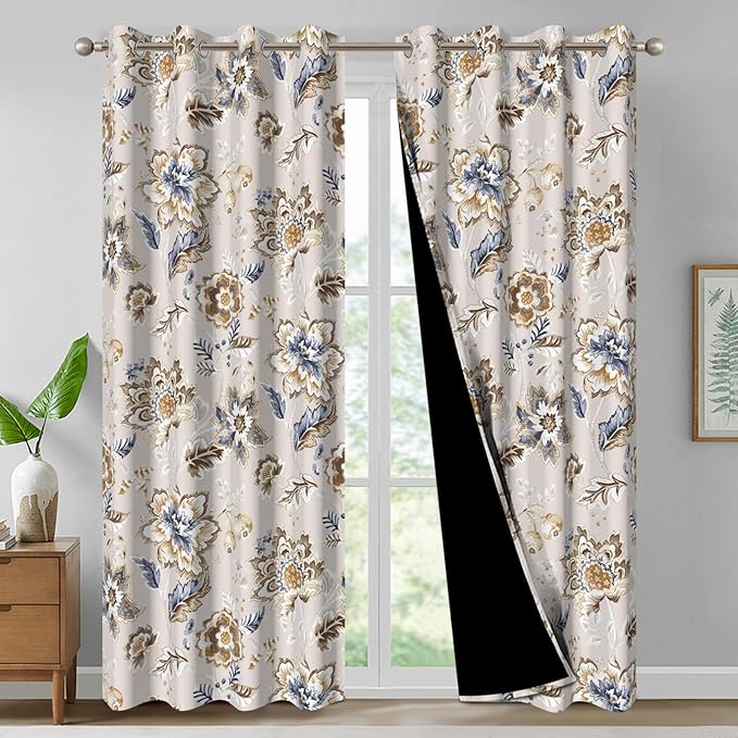 Floral Blackout Curtains for Bedroom and Living Room, Room Darkening Soundproof Thermal Insulated Blackout Curtains for Winter, Grommet Farmhouse Black Out Window Curtains 84 Inch Length 2 Panels Set