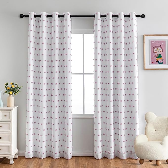 MYSKY HOME 100% Blackout Curtains for Girls Bedroom 84 Inches Long with Purple Pom Pom Sheer Total Light Blocking Curtains for Living Room 2 Panels Grommet Room Darkening Window Drapes 52W x 84L