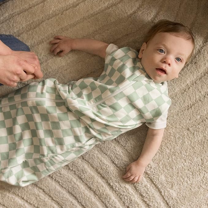 Tiny Twinkle Baby Sleep Sack 0-3 Months 1.0 TOG, Cotton & Elastane Wearable Blanket, Swaddle Transition Micro-Fleece, Machine Washable (Sage Checkers)