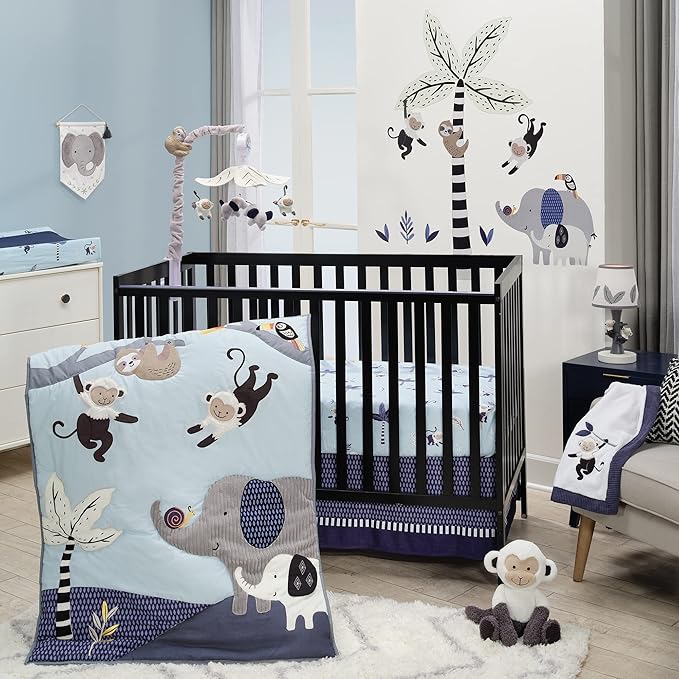 Lambs & Ivy Jungle Party 100% Cotton Monkey/Palm Tree Fitted Crib Sheet