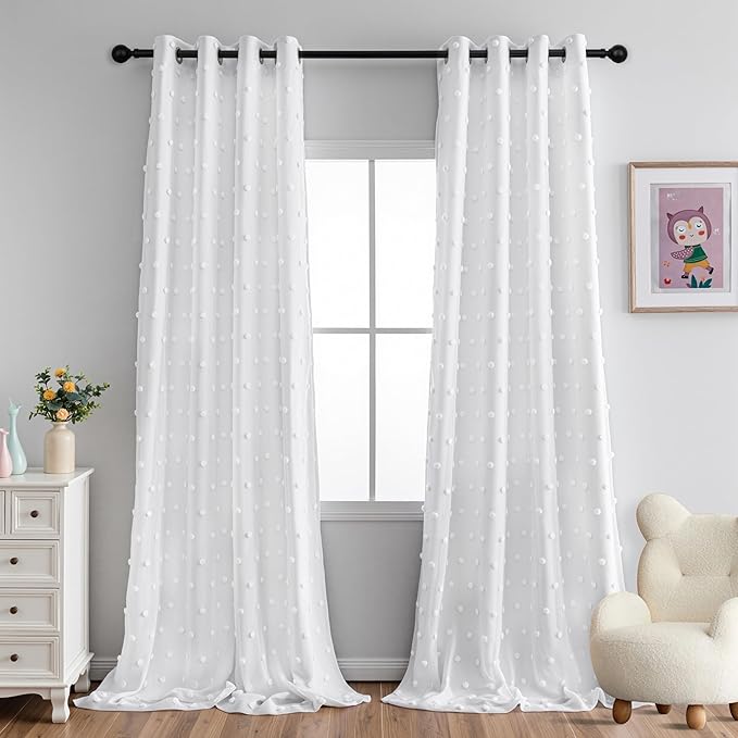 MYSKY HOME 100% Blackout Curtains for Living Room Bedroom Thermal Insulated 102 Inch Length Nursery Curtains 2 Panels Grommet Light Filtering White Pom Pom Sheer Drapes for Sliding Door, 52W x 102L