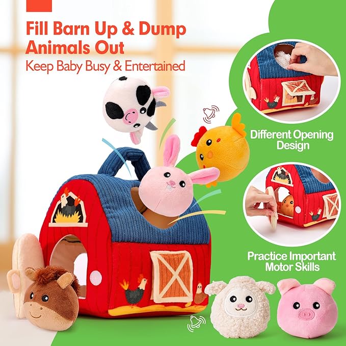hahaland Baby Toys 6-12 Months - Surprise Barn Stuffed Farm Animals, Rattle, Crinkle, Mirror, Montessori Toys for 6 Month Old Sensory Balls 1-3 Plush Baby Valentines Day Gifts Easter Basket Stuffers