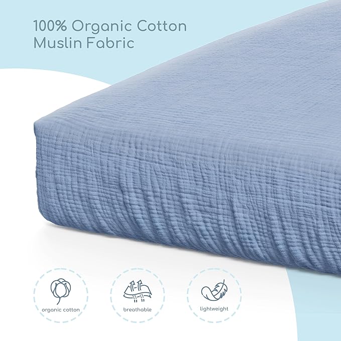 Muslin Crib Sheets, 100% Organic Cotton, Breathable and Ultra-Soft, Standard Crib Sheet Mattress (28"x 52") for Girls and Boys, Neutral Fitted Baby Crib Sheet (Blue)