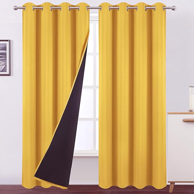 LEMOMO 100% Blackout Curtains 52 x 95 Inch/Yellow Curtains 2 Panels with Black Lining Room Darkening Thermal Insulated Bedroom Curtains