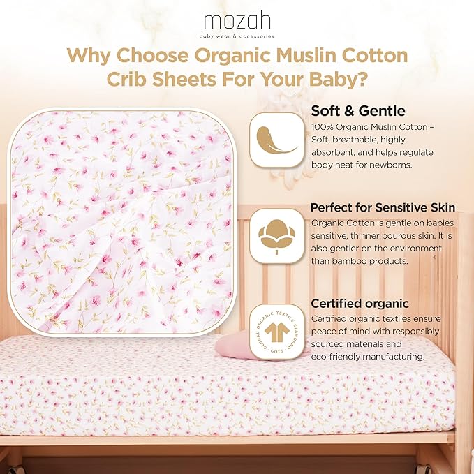 MOZAH Organic Muslin Crib Sheets, Soft and Breathable Bedding for Baby Girls or Boys, Snug Fitted Sheet for Standard Cribs & Toddler Mattresses, 2 Pack, Pink and Pink Leaves