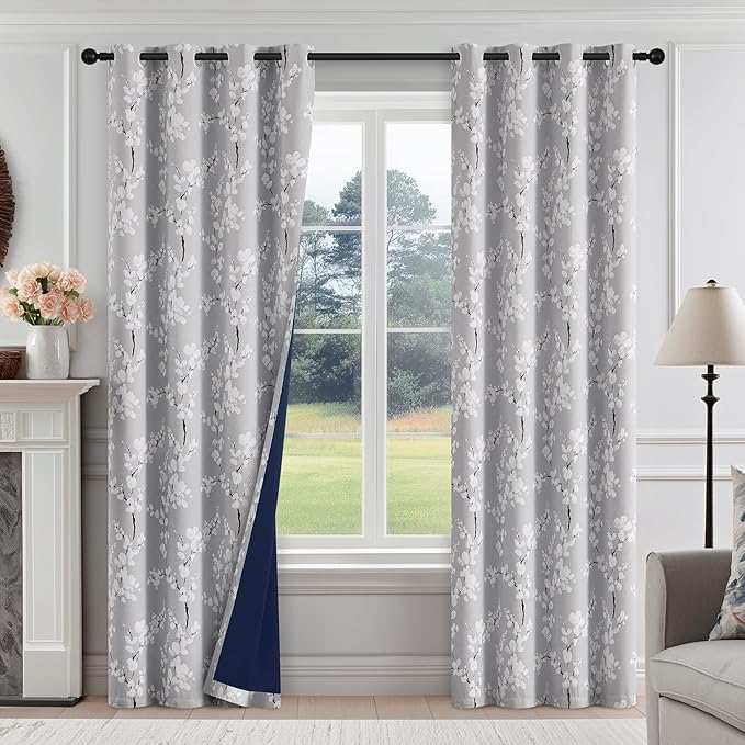 FMFUNCTEX 100% Blackout Floral Curtains for Bedroom, Grey Curtains 90 inches Long Blossom Flower Patterned for Living Room,Thermal Insulated Farmhouse Drapes, Grommet Top 2 Panels (White on Grey)