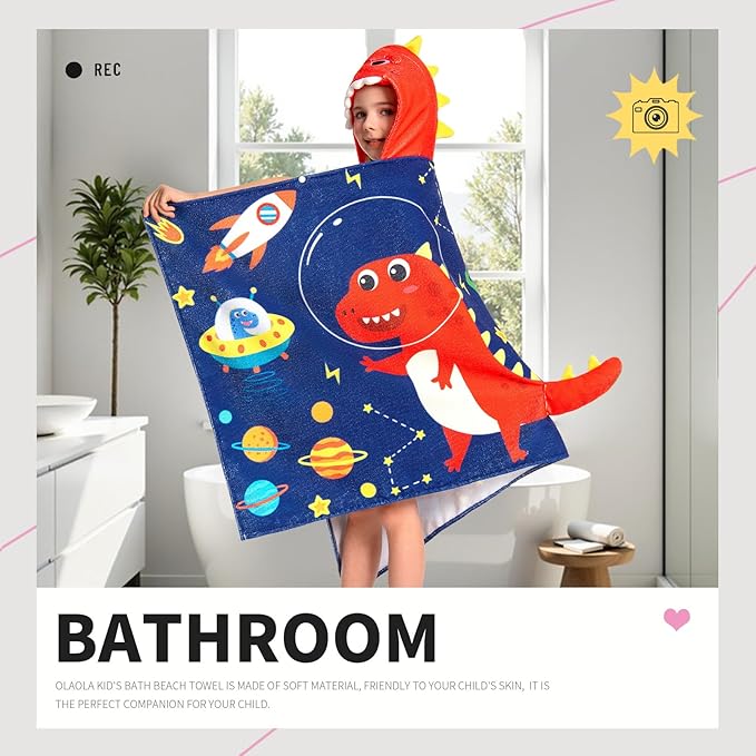 OLAOLA Space Dinosaur Hooded Towel for Kids 3-12 Years, Soft Thick Absorbent Beach Towels, Toddler Bath Towel Wrap 28" x 53", Swim Pool Towels Poncho for Boys Girls