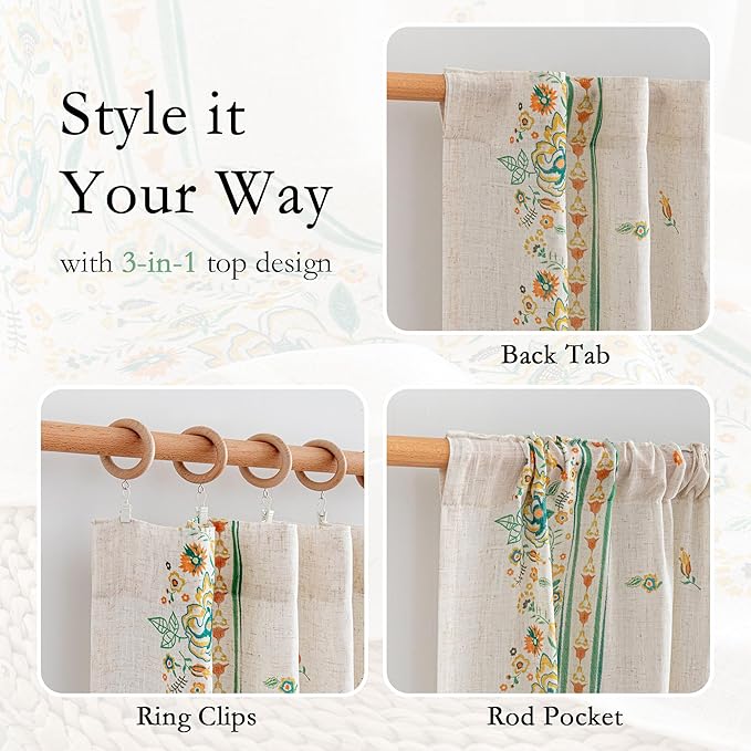 MYSKY HOME Boho Floral Linen Blend Curtains 84 inches Long for Living Room Bohemian Style Farmhouse Flower Patterned Light Filtering Privacy Protect Back Tab Drapes, 50'' Wide, Yellow and Blue, 2 Pcs
