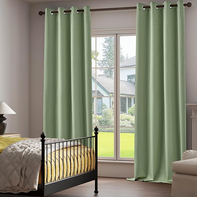 100% Blackout Linen Textured Curtains 120 Inch Length 2 Panels Set for Living Room, Bedroom, Light Weight Curtains with Grommets Top, Full Blackout Curtains Privacy Protection, Green, 52" W x 120" L