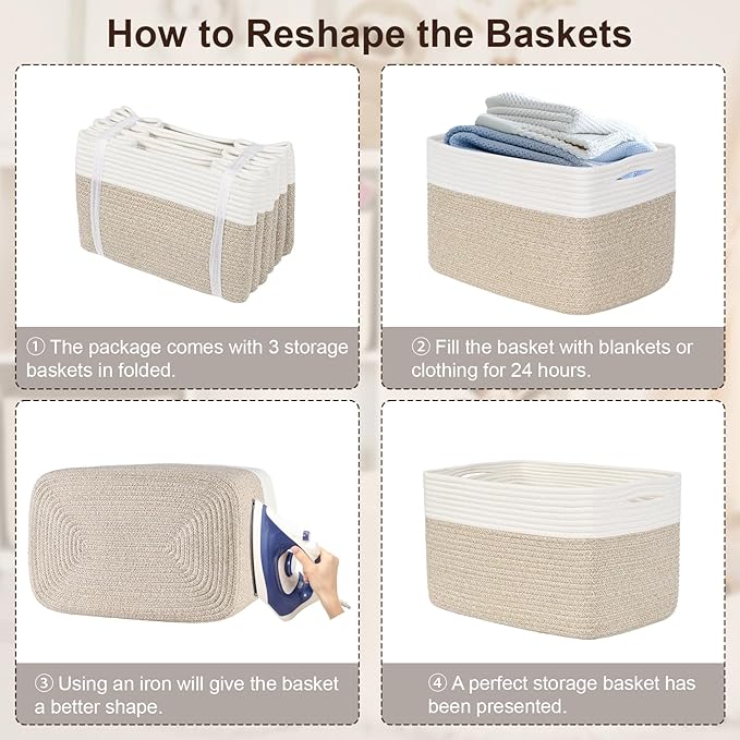 Woven Storage Baskets, Baskets for Organizing, 3 Pack Woven Basket for Storage, Storage Baskets for Shelf, Towel, Toy, Book, Closet, Baby 15"×10"×9"