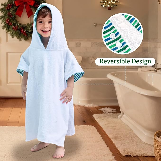 VOOVA & MOVAS Double-Layered Baby Hooded Towel Poncho (2-4 Years, 20x21 Inches) | Ultra Soft & Absorbent Cotton | Thick Toddler Bath Towel for Swimming, Beach, Shower & Winter,Green Stripe