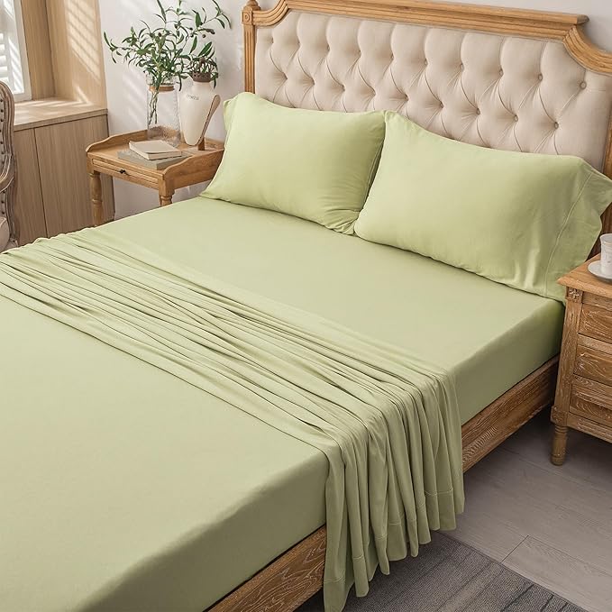 PURE ERA Jersey Knit 4pc Bed Sheet Set 100% T-Shirt Cotton Super Soft Comfy Breathable Fits Mattress Up to 20" Extra Deep Pocket (Solid Mocha Green, King)