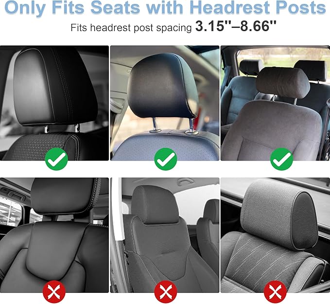 Car Headrest Pillow, Adjustable Head Rest Pillow for Car Seat, Head Neck Support for Kids Adults Travel Sleeping, Fit for Headrest with Poles (Black)