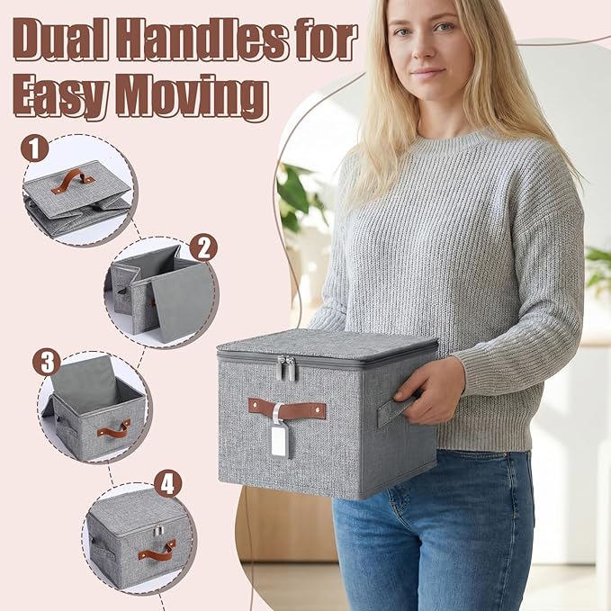 6 Pack Fabric Closet Storage Bins with Zipper Lids and Label, 15x10x10In Large Size Foldable Cotton Linen Storage Cubes Boxes with PU Leather Handles Holders for Bedroom, Shelf, Nursery, Gray