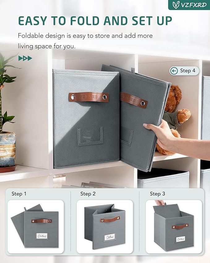 10.5 Inch Storage Cubes with Labels, 6-Pack Non-Woven Fabric Bins with Handles, Foldable Organizer for Closet, Shelf, Bedroom, Home Organization (Gray)