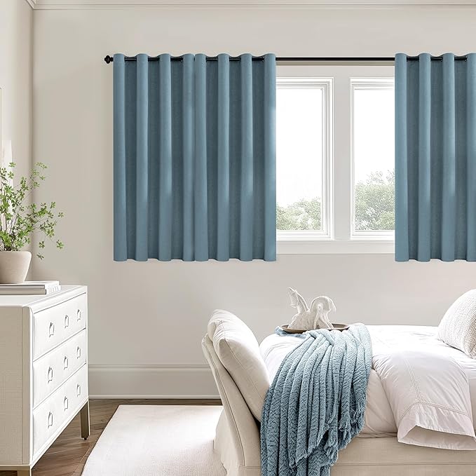 ChrisDowa 100% Blackout Blue Solid Curtains 54 Inches Long 2 Panels for Bedroom Living Room,Farmhouse Room Darkening Thermal Insulated Soundproof Grommet Top Window Treatment Drapes,52x54