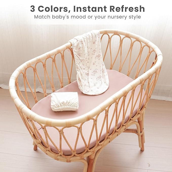 Konssy 3 Pack Stretchy Bassinet Sheets for Baby Girl Boy, Soft Breathable Baby Bassinet Mattress Sheets Fit for Hourglass Oval Cradle, Moses Basket Rectangle Mattress (Blossom)