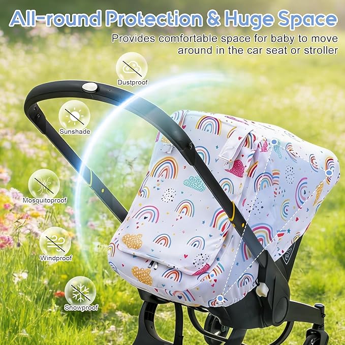 Car Seat Cover Baby Girls, Outdoor Infant Car Seat Canopy, Breathable Carseat Cover for Stroller, 2 Layers with Mesh Window & Privasy Sun Shade, Protective Baby Carrier Cover for Newborn Shower Gift