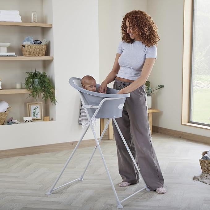 Shnuggle Newborn Baby Bath | Built in Support Bump and Soft Backrest | Suitable from Newborn | Bath Seat Support Includes Plug | Pebble Grey