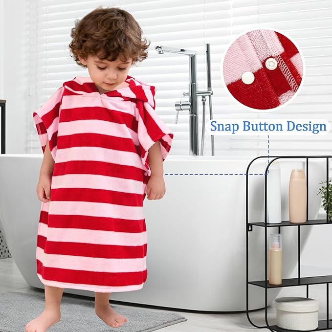 VOOVA & MOVAS Toddler Poncho Towels with Hood, Oversized (2-4Years,22"X22") Made from 100% Soft Cotton,Absorbent Hooded Towels for Baby Girl,Perfect for Pool | Swimming | Bath | Beach,Red Bar Stripe