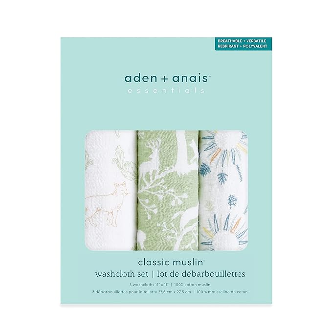 aden + anais Essentials Washcloth 3-Pack, Super Soft 100% Cotton Muslin, Gentle on Skin, 3 Absorbent 11x11 Layers, Softer with Every Use, Perfect for Babies, Infants, Toddlers, Harmony