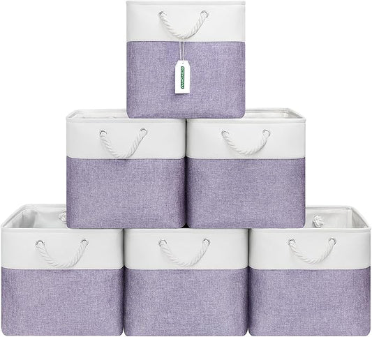 13x13 Inch Cube Storage Bins with Reinforced Bottom Cardboard, 6 Pack Large Foldable Fabric Storage Cubes with Handles for Shelf, Closet, Laundry Organization (White&Purple)