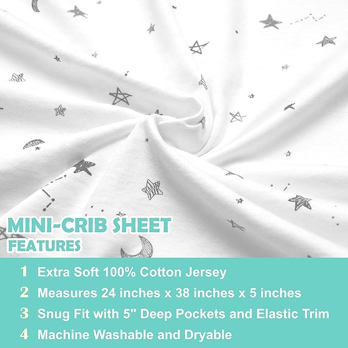 American Baby Company 2 Pack 100% Natural Cotton Fitted Mini Crib Sheets 38" x 24" - Soft & Breathable Small Nesting Portable Sheets, Fits Pack N Play Mattresses, Gray Stars/Zigzag, for Boys & Girls