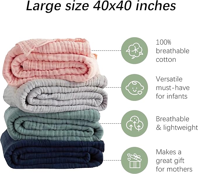 SWEET DOLPHIN Muslin Baby Bath Towels Blanket - 2 Pack 100% Cotton Towel for Babies, Infants, Toddlers - 40x40Inch - Highly Absorbent, Light Bean Paste