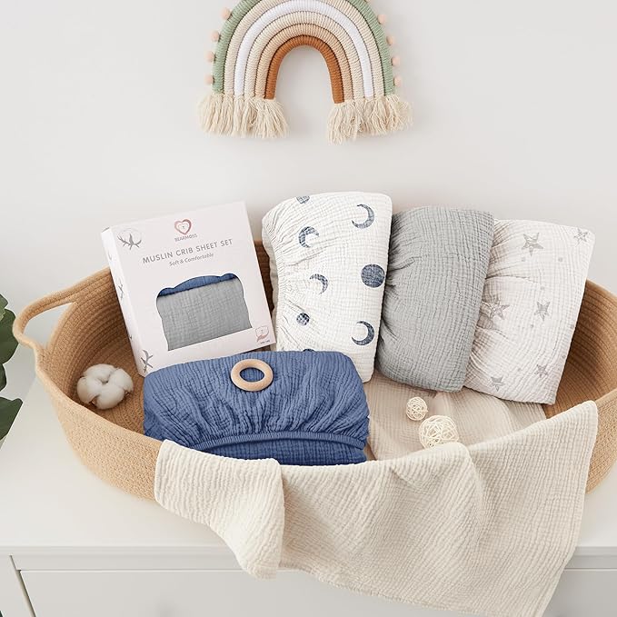 Bearmoss Muslin Mini Crib Sheets for Pack N Play Mattress - 100% Cotton - 38"x26" Soft Breathable Playard Baby Crib Sheets Neutral for Boys Girls - 2 Pack (Blue Elephant)