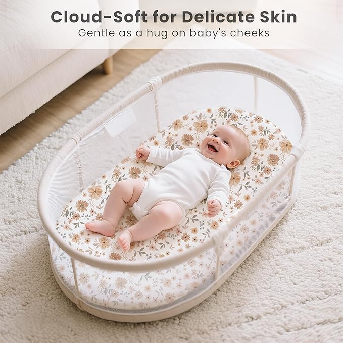 Konssy 3 Pack Stretchy Bassinet Sheets for Baby Girl Boy, Soft Breathable Baby Bassinet Mattress Sheets Fit for Hourglass Oval Cradle, Moses Basket Rectangle Mattress (Flourish)