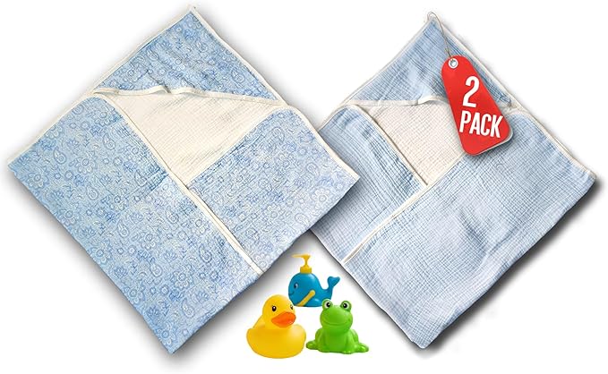 2-Pack Muslin Hooded Baby Towels, 100% Cotton, Towels for Babies, Infants, Toddles, Soft and Absorbent for Boy and Girl, Double Layered Baby Towel With Hood, Babies Muslin Towel Set (Blue Flowers)