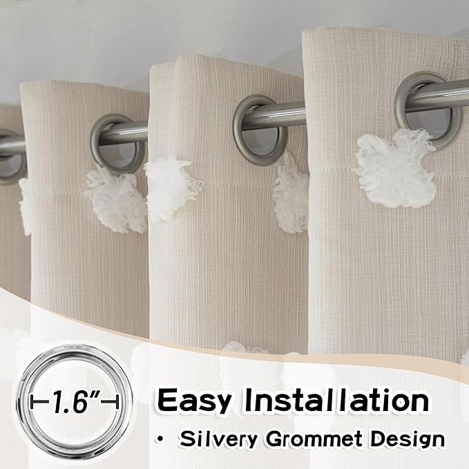 MYSKY HOME Beige Curtains for Bedroom 63 Inch Long Double Layer Curtains for Kids Room Kithen Beige Pom Pom Sheer Nursery Curtains Grommet Room Darkening Window Curtains 2 Panels Set, 52 x 63 Inch