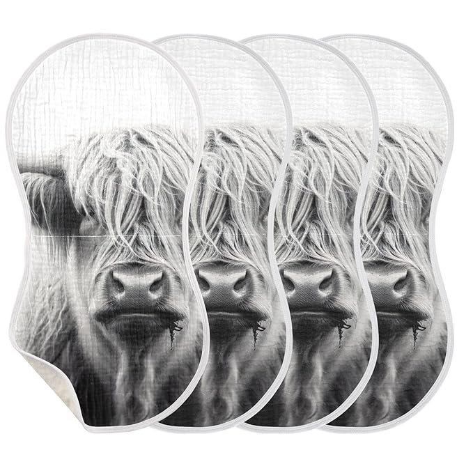 WELLDAY Muslin Baby Burp Cloths Set of 2, Soft Absorbent Highland Cow Muslin Washcloths, Bibs, Face Towel for Newborn Boys Girls, 22 x 11 Inch