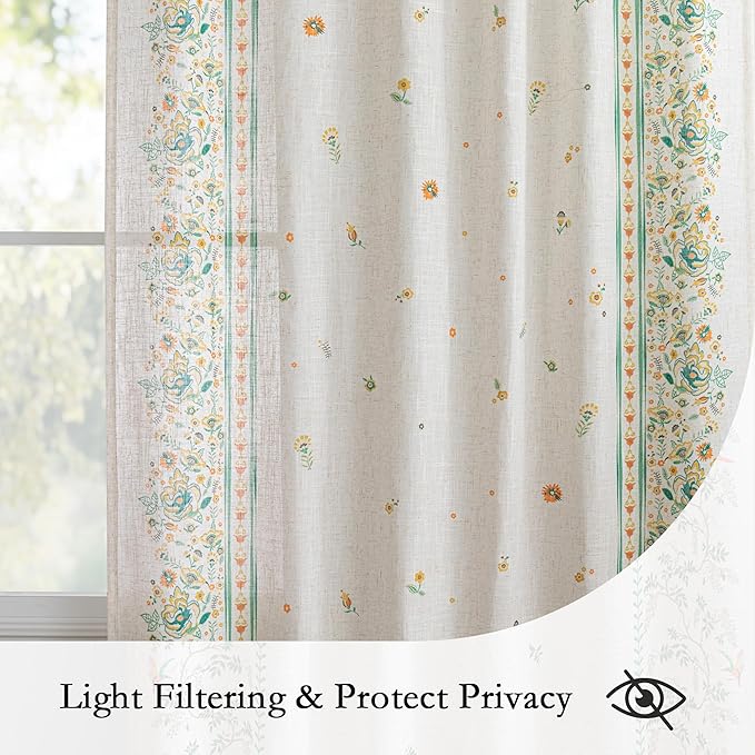 MYSKY HOME Boho Floral Linen Blend Curtains 84 inches Long for Living Room Bohemian Style Farmhouse Flower Patterned Light Filtering Privacy Protect Back Tab Drapes, 50'' Wide, Yellow and Blue, 2 Pcs