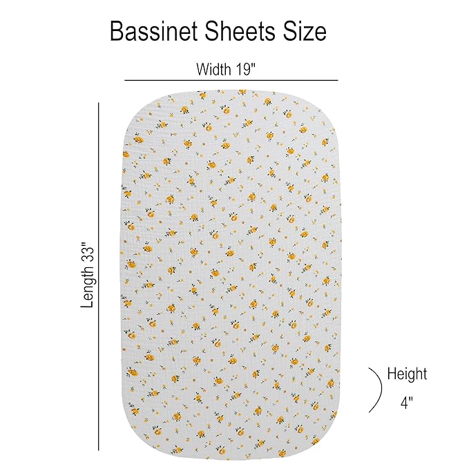 Onacosht Muslin Bassinet Sheets 3 Pack, 100% Cotton Baby Fitted Sheet 33" x 19" Compatible with Mika Micky, KoolaBaby (3 in 1), BabyBond, HARPPA and RICUTON Bedside Bassinet, Leaf and Floral Beige