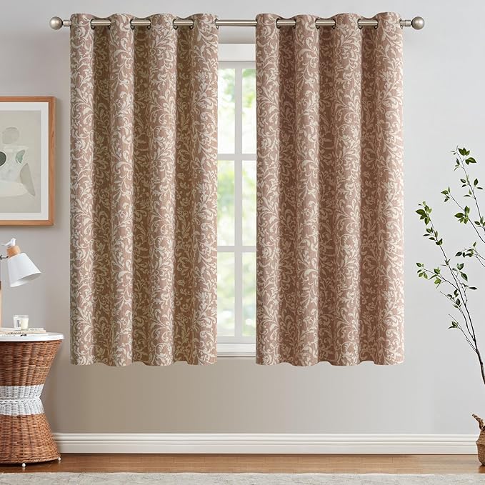 jinchan 80% Blackout Curtains for Bedroom, Farmhouse Drapes with Scroll Floral Patterned for Living Room, Grommet Top Thermal Insulated Curtains, Vintage Country Drapes 72 inch Length 2 Panels Taupe