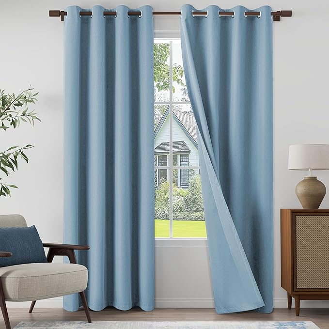 100% Blackout Linen Textured Curtains for Living Room, Bedroom, Light Weight Curtains with Grommets Top, Full Blackout Curtains Privacy Protection, Light Blue, 52" W x 95" L, 2 Panels