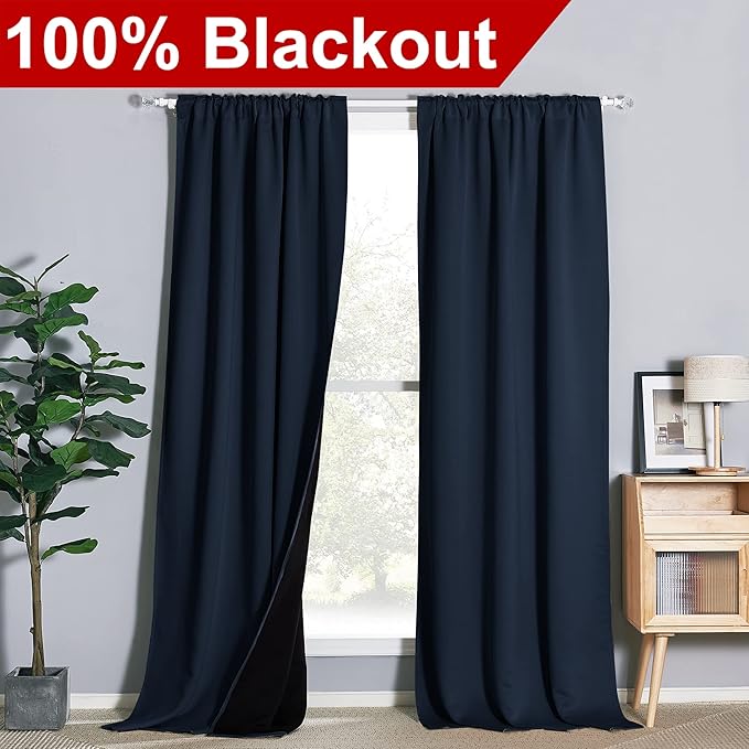 NICETOWN 100% Blackout Blinds, Rod Pocket and Back Tab Window Treatment Curtains, Thermal Insulated Energy Smart Drapes and Draperies for Villa, Hall and Studio, Navy, Set of 2, 52 inches x 108 inches