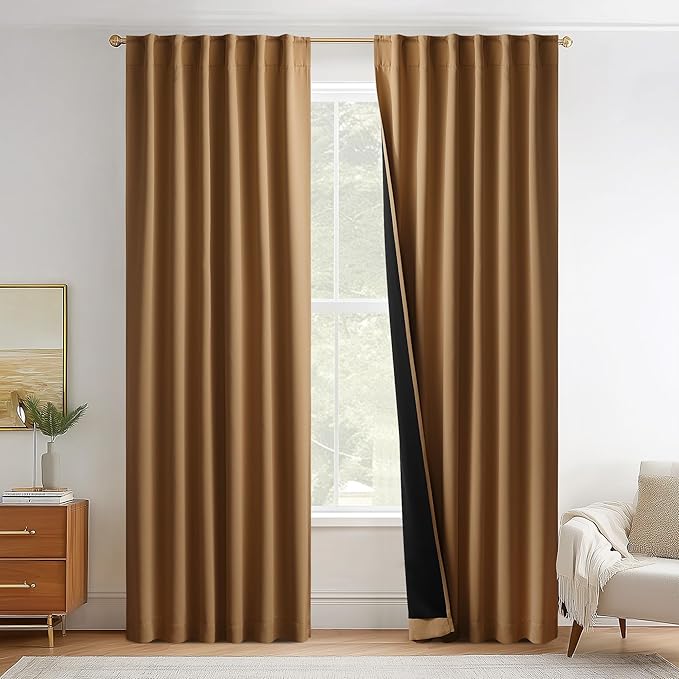 NICETOWN Gold Brown 100% Blackout Curtains for Bedroom, 52x84 Inches Set of 3 for Living Room, Rod Pocket Back Tab & Noise Reducing Drapes Black Lined Insulated Window Treatment Panels