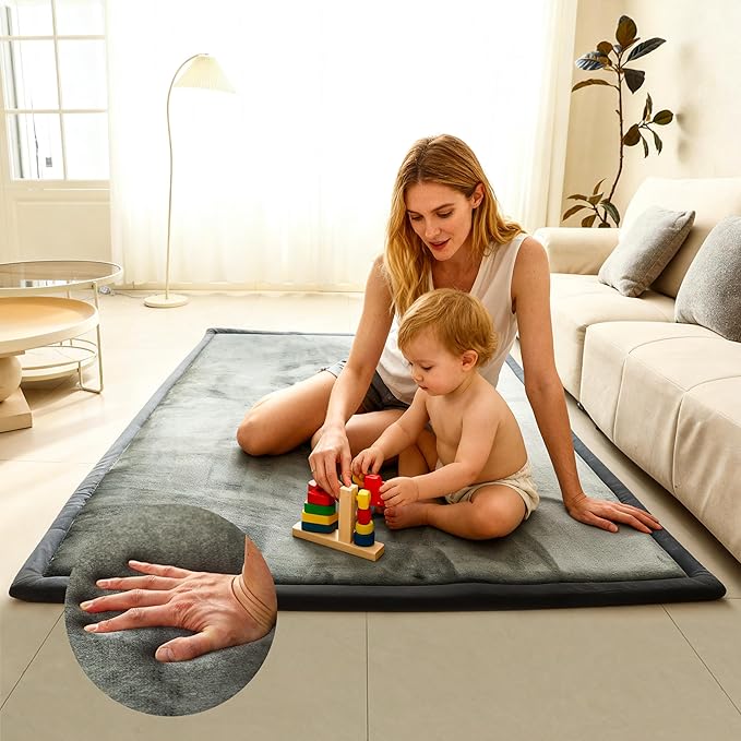 Grey Baby PlayMat Rug Extra Thick 3.5CM | Cloudsoft Coral Velvet Crawl Memory Foam Floor Mat | Anti-Spill | Anti-Slip | Toddlers Infants Kids Children | 60"x80" | Tummy Time | Padded Yoga Rug
