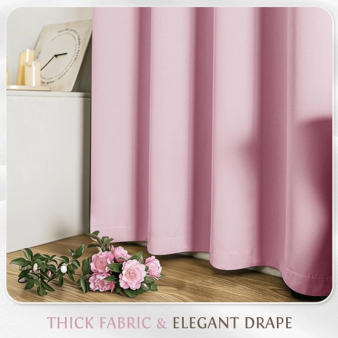 Beauoop Pink 100% Blackout Curtains 63 Inch Long 2 Panels for Bedroom Living Room Solid Room Darkening Thermal Insulated Soundproof Energy Saving Grommet Top Window Treatment Drapes, 52x63 2 Set