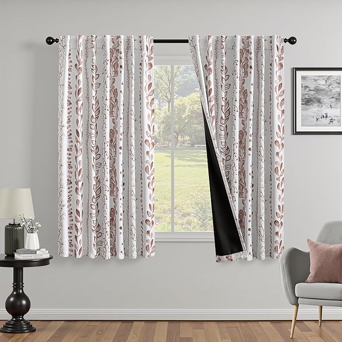 MEETSKY 95% Blackout Curtains for Bedroom, Thermal Insulated Privacy Protection Back Tab Curtains 63 Inches Length for Living Room, Brown Leaf Pattern, 2 Panels, 50" Wide Each