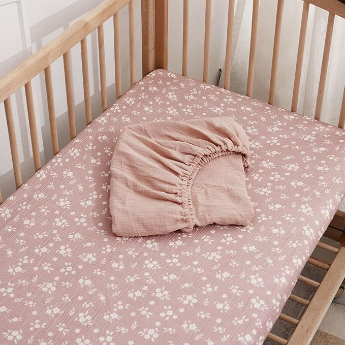 Muslin Crib Sheets–100% Organic Cotton Baby Sheets for Boys & Girls,2 Pack Muslin Mini Crib Sheets for Toddler Mattress,Breathable Crib Mattress Sheets 28''x52''(Flower)