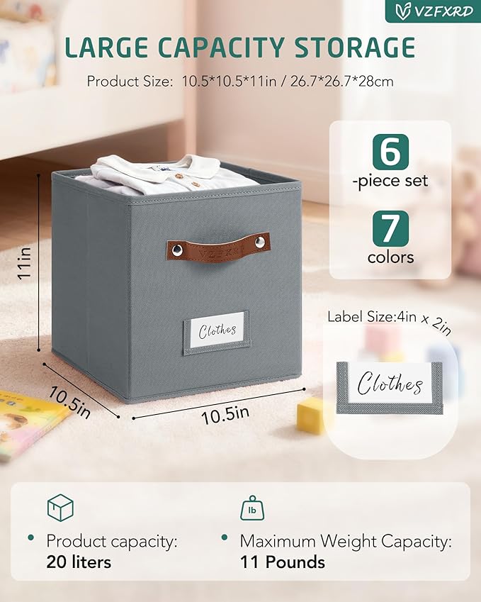 10.5 Inch Storage Cubes with Labels, 6-Pack Non-Woven Fabric Bins with Handles, Foldable Organizer for Closet, Shelf, Bedroom, Home Organization (Gray)