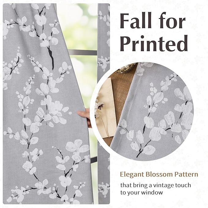 FMFUNCTEX 100% Blackout Floral Curtains for Bedroom, Grey Curtains 96 inch Length Blossom Flower Patterned for Living Room,Thermal Insulated Drapes Farmhouse, Rod Pocket 2 Panels (White on Grey)